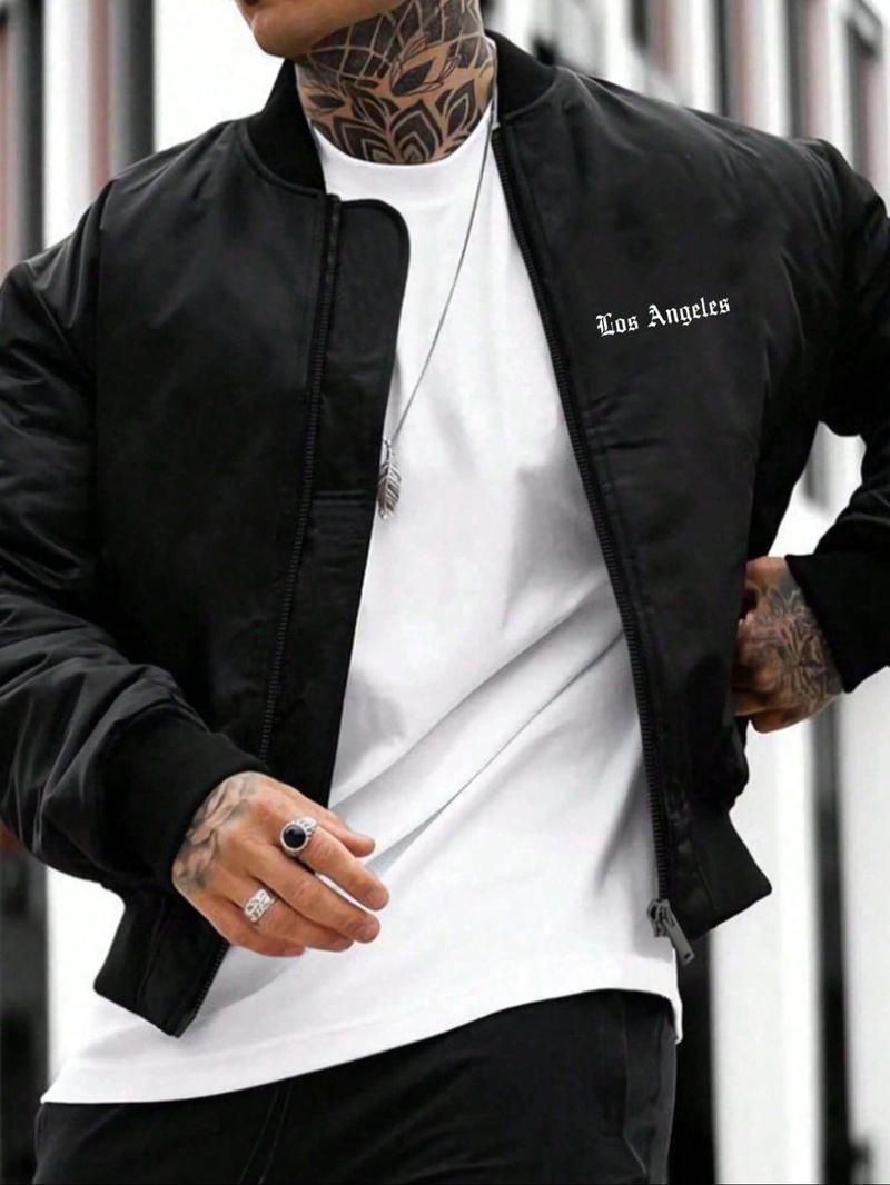 Product Introduction of Men's Letter Print Baseball Collar Jacket, Regular Fit Casual Fashion Comfy Outerwear for Daily Outdoor Wear, Men Clothing for Spring Fall 2