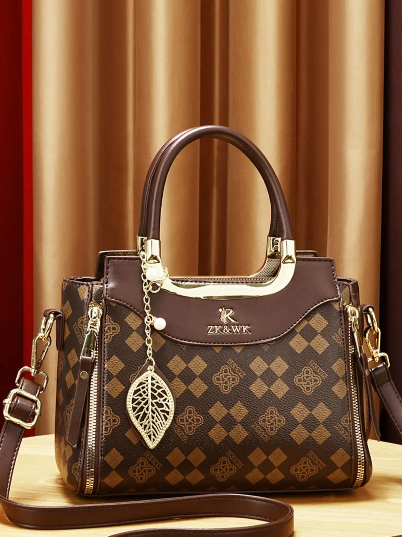 Fashionable All Over Print Handbag, Casual Pu Leather Zipper Crossbody Bag with Adjustable Strap & Hollow Out Leaf Bag Charm Decor for Work Office & Daily Used