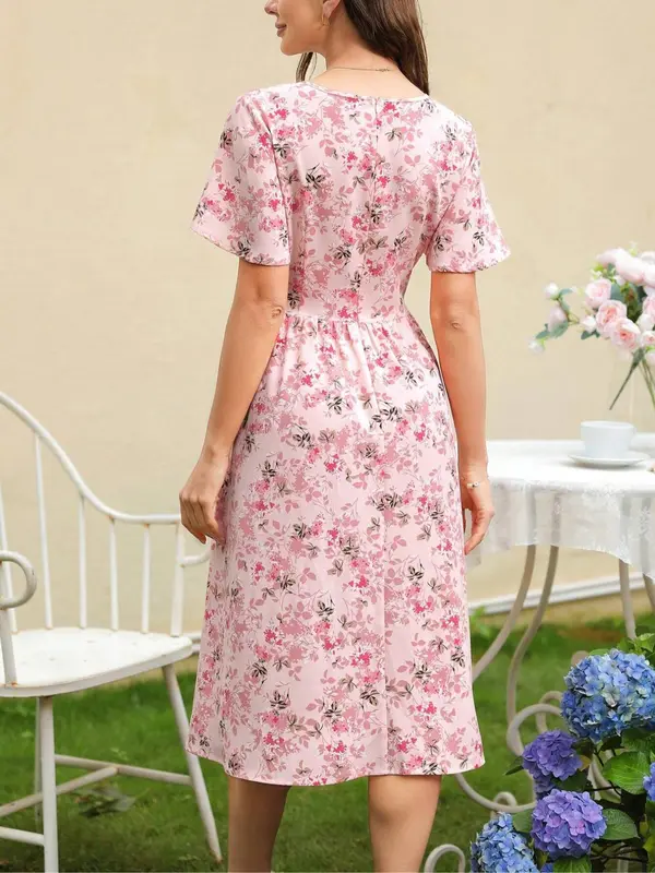 Women's Ditsy Floral Print Zipper Belted Dress, Elegant Short Sleeve V Neck  Dress for Summer, Ladies Clothes for Daily Wear 1