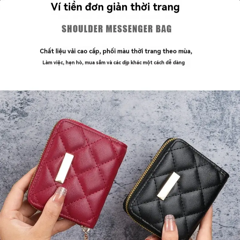 697 Ví tiền nhỏ dành cho nữ, hộp thẻ mới, ví kéo đơn giản có họa tiết hình thoi, có đuôi bóng bông mềm 8