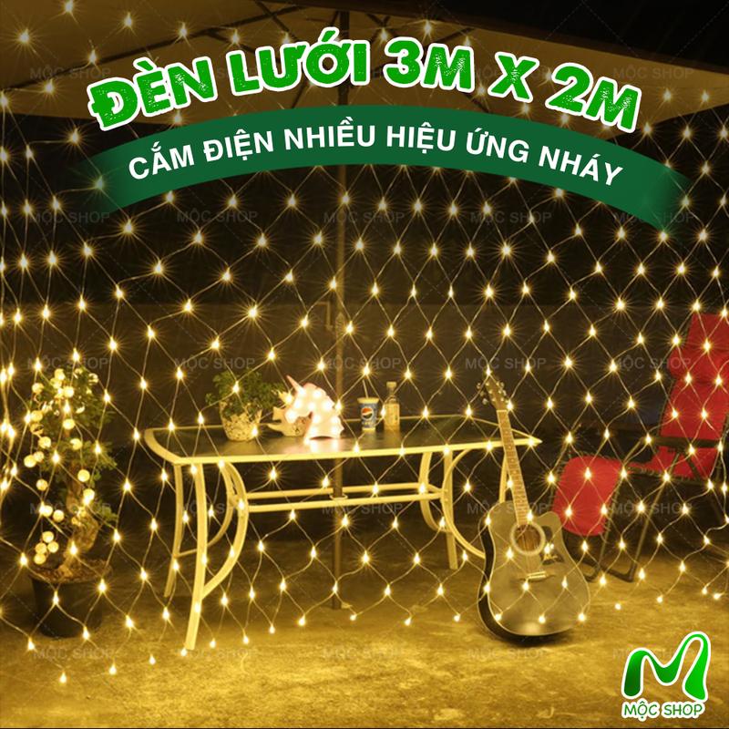 Đèn LED Lưới 3mx2m Chống Nước Trang Trí Ngoài Trời Light Vàng Cho Giáng Sinh Tiệc Lễ Tết Chế Độ Chớp