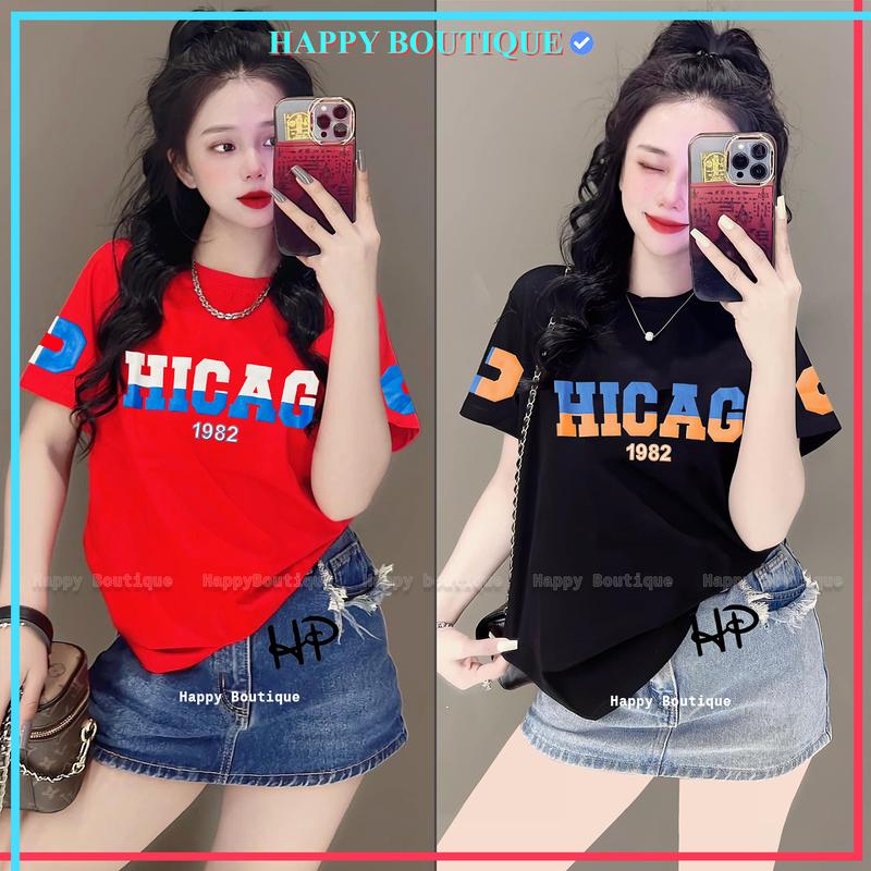   40~70kg  Áo Thun Thái Nữ Chữ Nổi Dập Tay  Mã A83  Cotton Mềm Mịn Mát  CHICAG0  Top cổ tròn Women Màu Trắng 