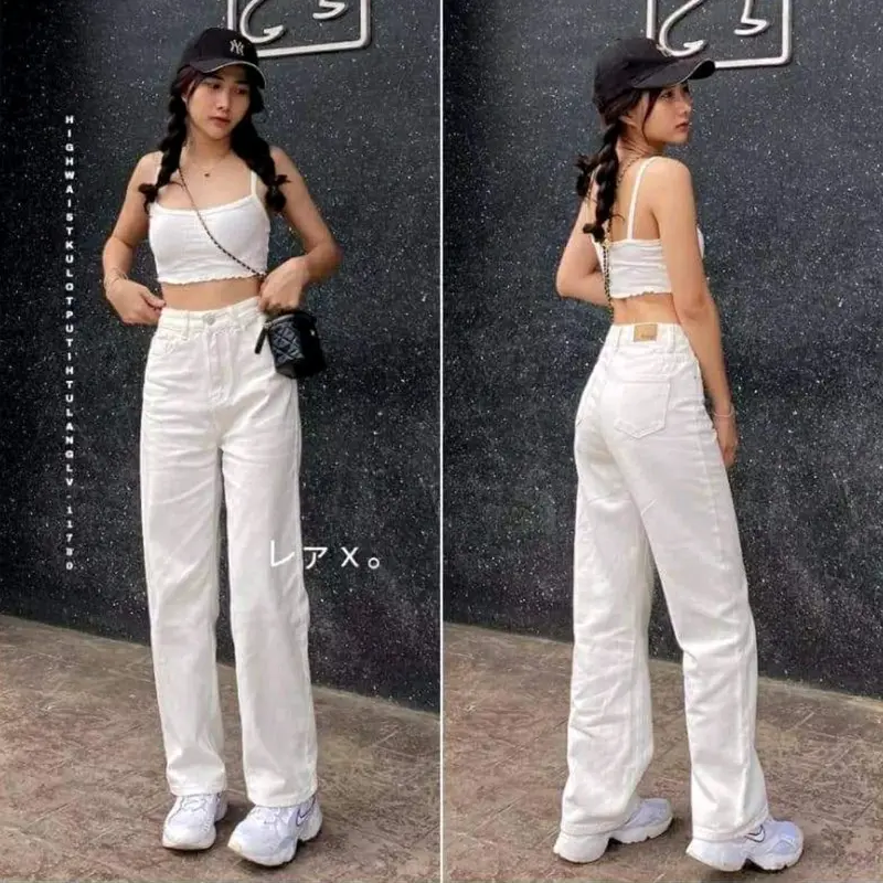 HTM - Hight waist Loose Jeans Hangover Celana Panjang Jeans Wanita Jumbo Bawahan 0