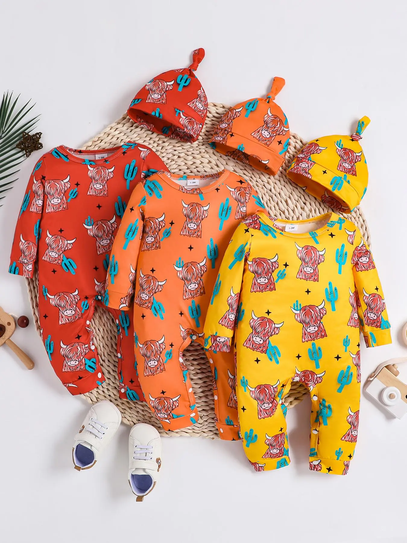 Toddler Boy's Cartoon Print Long Sleeve Jumpsuit & Hat Set, Casual Cute One-piece  Clothes  for Daily Wear, Kids Clothes for All Seasons