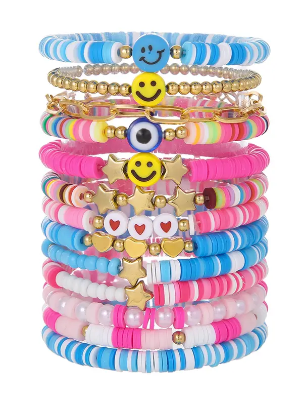 Boho Style Colorblock Star Charm Bracelet, Cute Trendy Eye & Smile Face Polymer-clay Bracelet, Fashion Accessories for Women & Girls 3
