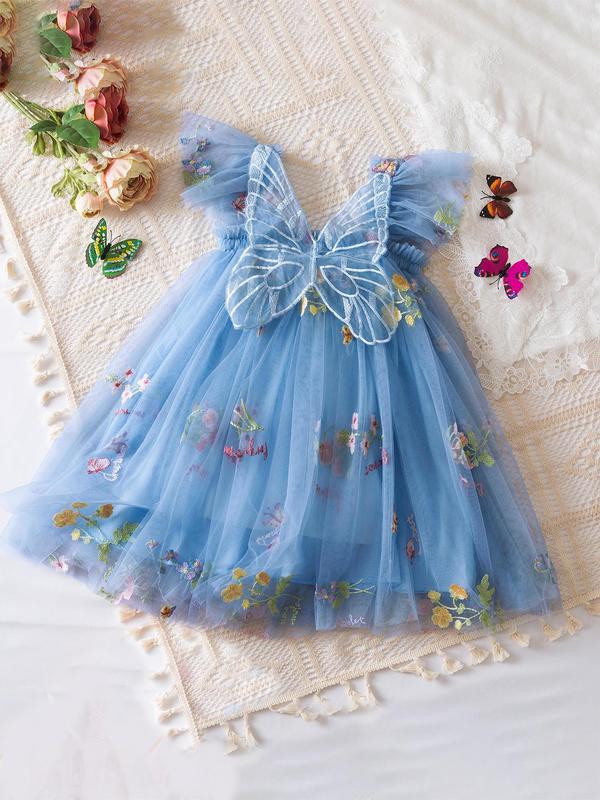 Girl's Floral Embroidery Tulle Dress, Cute Butterfly Design Tutu Dress for Party, Kids Clothes for Summer Holiday, Fantasy Dresses, Princess Peach Poofy Dress, Princess Seraphina Dress, Floral Pattern Dress, Floral Printed Dress, Embroidered Tulle Dress