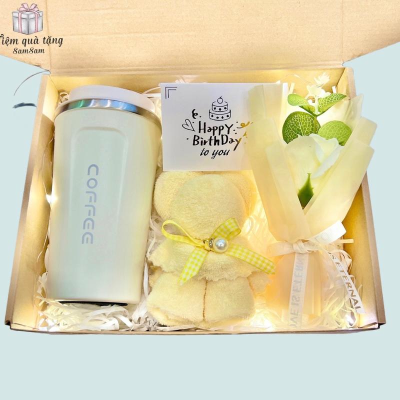 Set quà tặng ly giữ nhiệt cao cấp kèm hoa gấu bông đèn led và thiệp chúc mừng - Thích hợp tặng sinh nhật và dịp lễ - S06