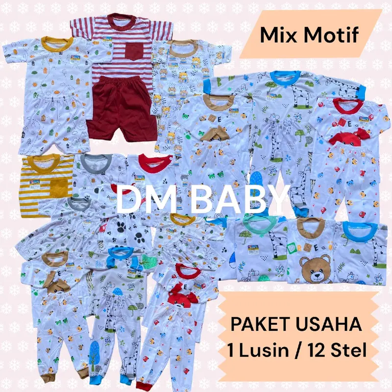 PAKET USAHA 1 LUSIN SETELAN BAJU BAYI 3-18 BULAN MIX MOTIF 0