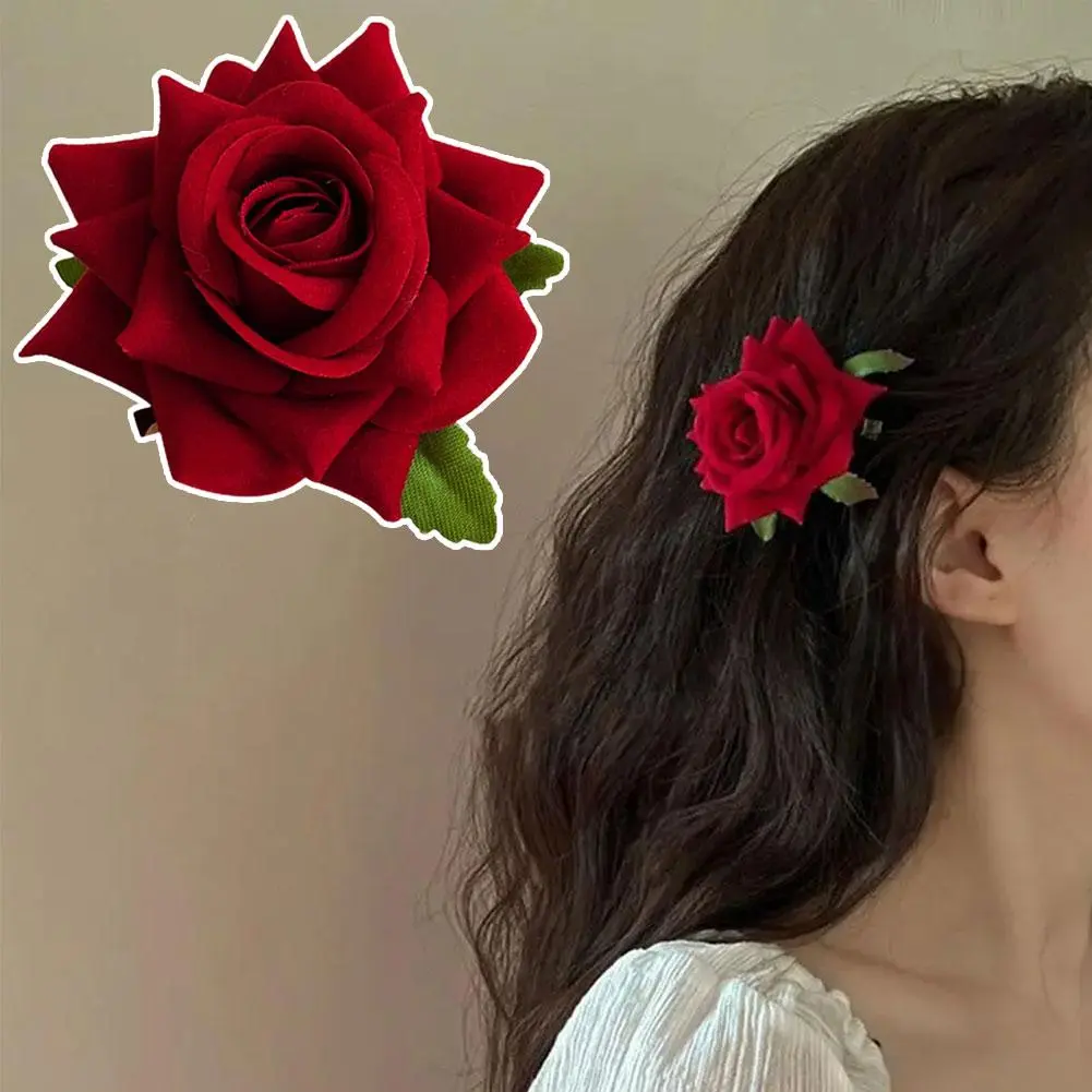 กิ๊บติดผม กิ๊บข้าง เรียบหรู สง่างาม ย้อนยุค สีแดง สีชมพู ดอกกุหลาบ แฟชั่น มีระดับ เครื่องประดับผม มาใหม่