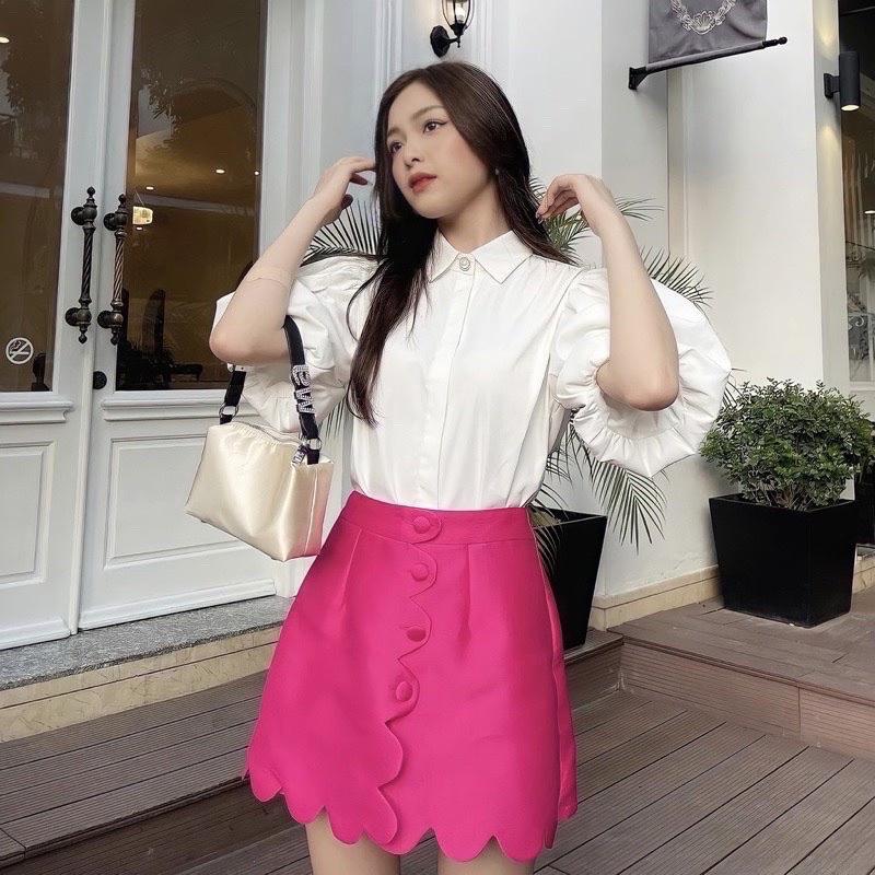 Áo sơ mi tay phồng tiểu thư đính ngọc vạt tôm xinh xắn 0