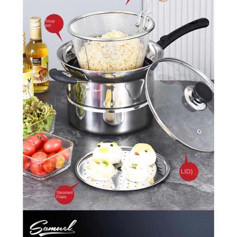 Product Introduction of toinof Multifunctional Stainless Steel Deep Fryer Pot with Strainer with Steaming Tray Saucepan Soup Pot Foldable with Pasta Colander Tempura Pot French Fries 24