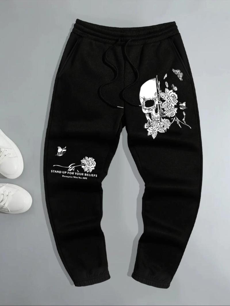 Product Introduction of Men's Skull Print Drawstring Waist Thermal Lined Sweatpants, Regular Fit Halloween Themed Casual Pocket Jogger Pants for Fall & Winter, Men's Trousers for Daily Wear 1