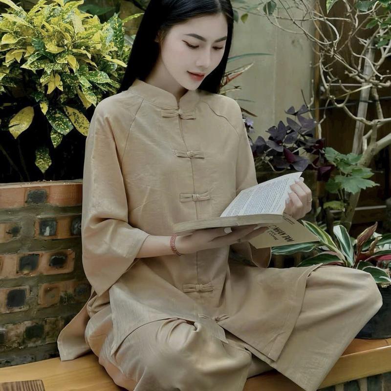 Pháp phục đi chùa vải đũi trơn truyền thống  Đồ lam đi chùa nữ cổ tàu tay lỡ Bộ đi lễ fom xuông vạt dài vải mềm mịn Áo Top Women Trắng trang phục truyền thống sz l  thường