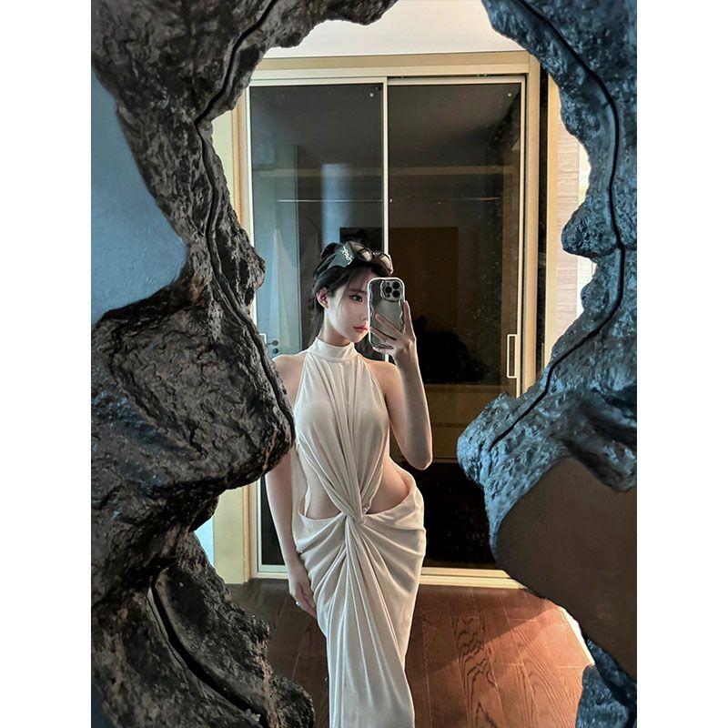 Váy Thương Hiệu Thiết Kế, Chất Liệu Polyester, Phong Cách Mùa Xuân / Mùa Hè, Hàng Mới Về, Váy Vỏ Thắt Nút Xếp Nếp Thiết Kế khoét Eo Thời Trang, Dễ Phối Đồ, Cá Tính 1