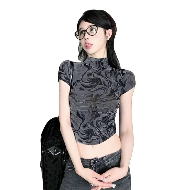 Women's Mock Neck Crop Tops Fashion Short Sleeve Tie-dye Print Ruched T-ShirtsFit Blouses