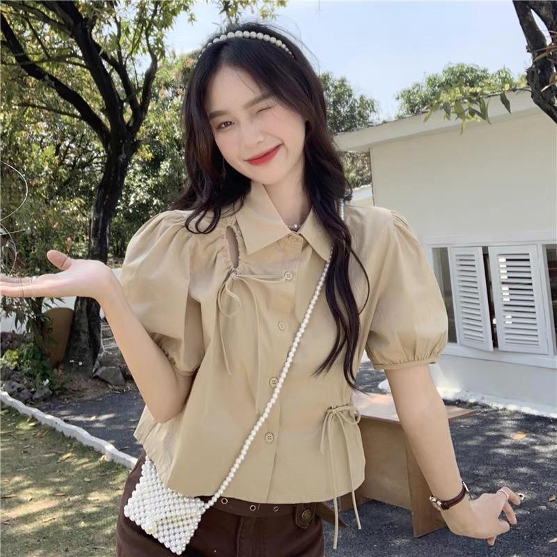 Áo sơ mi rút dây nơ bigsize 60kg-90kg cổ sơ mi tay phồng hỗ trợ ...