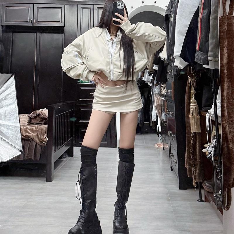 (Freeship) Áo Khoác Bomber Crop Da Màu Be Có Túi Hộp 1 Bên Tay Nam Nữ