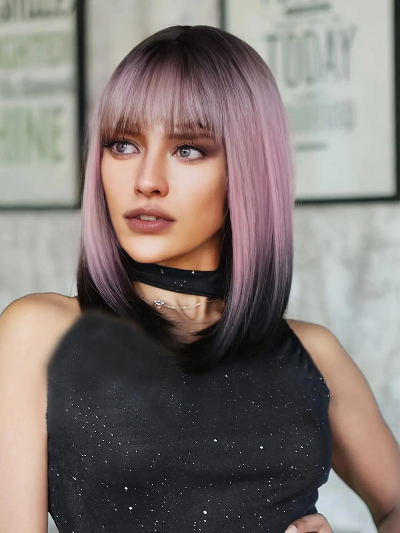 14 Inch Ombre Purple Short Bob Wigs for Women, Gorgeous Fluffy Wigs with Bangs, Synthetic Full Machine Wigs for Party, Daily Use