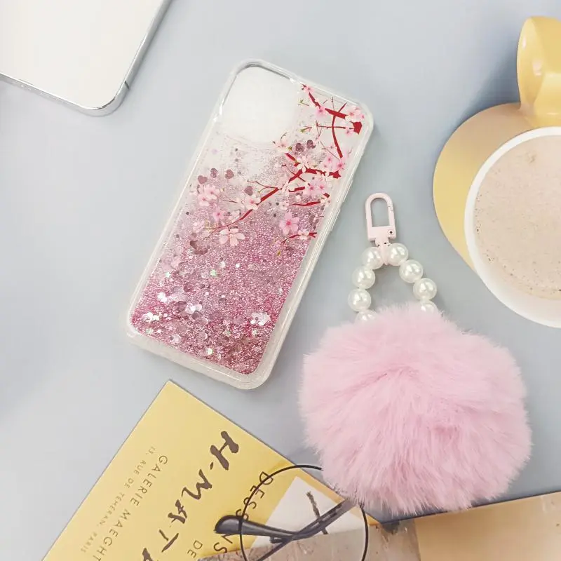 Glitter Blossom Pattern Phone Case with Plush Lanyard, Decorative Phone Protector Cover, Phone Accessories Compatible with iPhone 11 12 13 14 15 16 Pro Max/Pro/Plus, Casing 5
