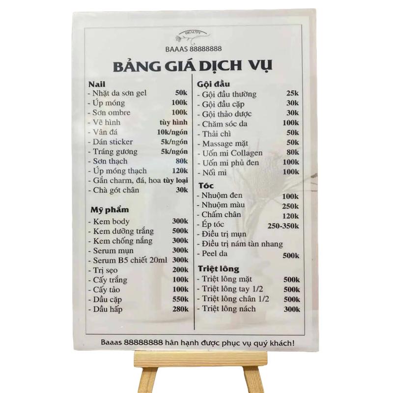 BẢNG GIÁ ĐỂ BÀN (miễn phí thiết kế) Menu dịch vụ Fomex A5, A4, A3 thiết kế theo yêu cầu Decor Decor Phòng