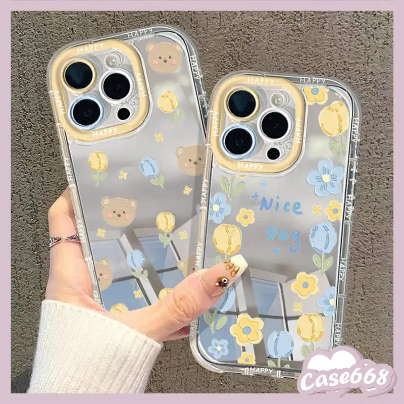 เคสไอโฟน 13 11 สำหรับ iPhone 15 11 16 12 13 14 Pro Max XR 16 7 8 Plus XS X Max ดอกไม้สดหวานหมีแต่งหน้ากระจกปกอ่อน มีบริการเก็บปลายทาง