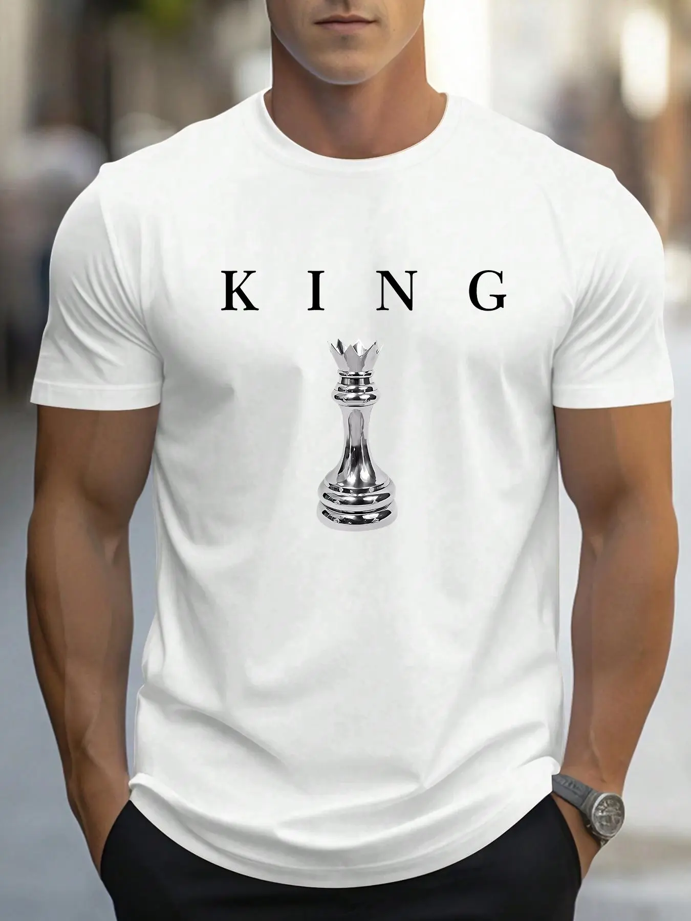 Men's Regular Fit Chess & Letter Graphic Round Neck Tee, Casual Short Sleeve Crew Neck T-shirt for Summer, Mens Clothing for Daily Wear
