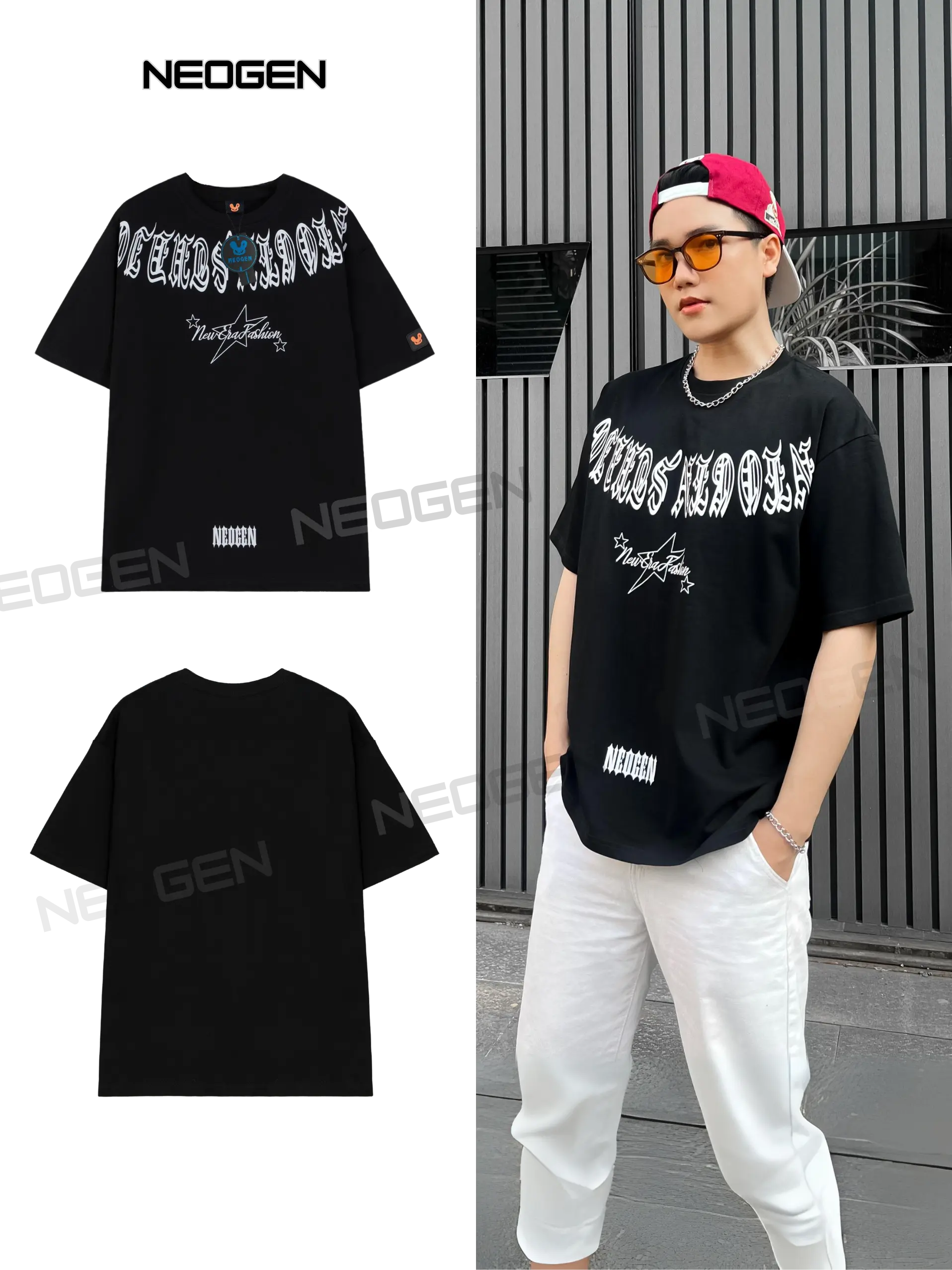 Áo Thun Lạnh Nam Nữ NEOGEN NT08 Unisex Cotton Tay Lỡ Cổ Tròn Form Rộng - Màu Đen