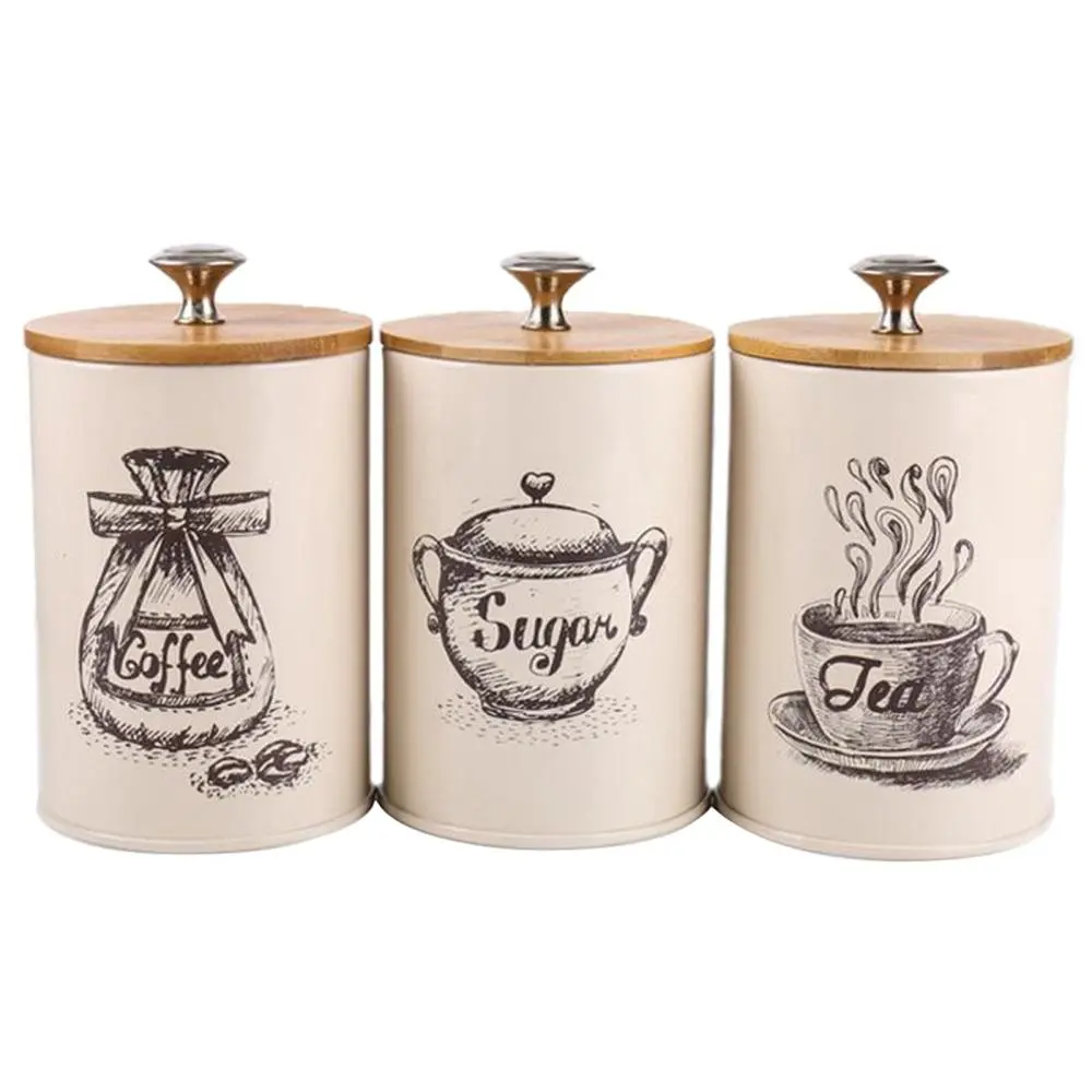 Balang Dapur Gaya Vintaj, Set 3pcs, Bahan Besi, Sesuai untuk Menyimpan Teh, Kopi dan Gula, dengan Penutup
