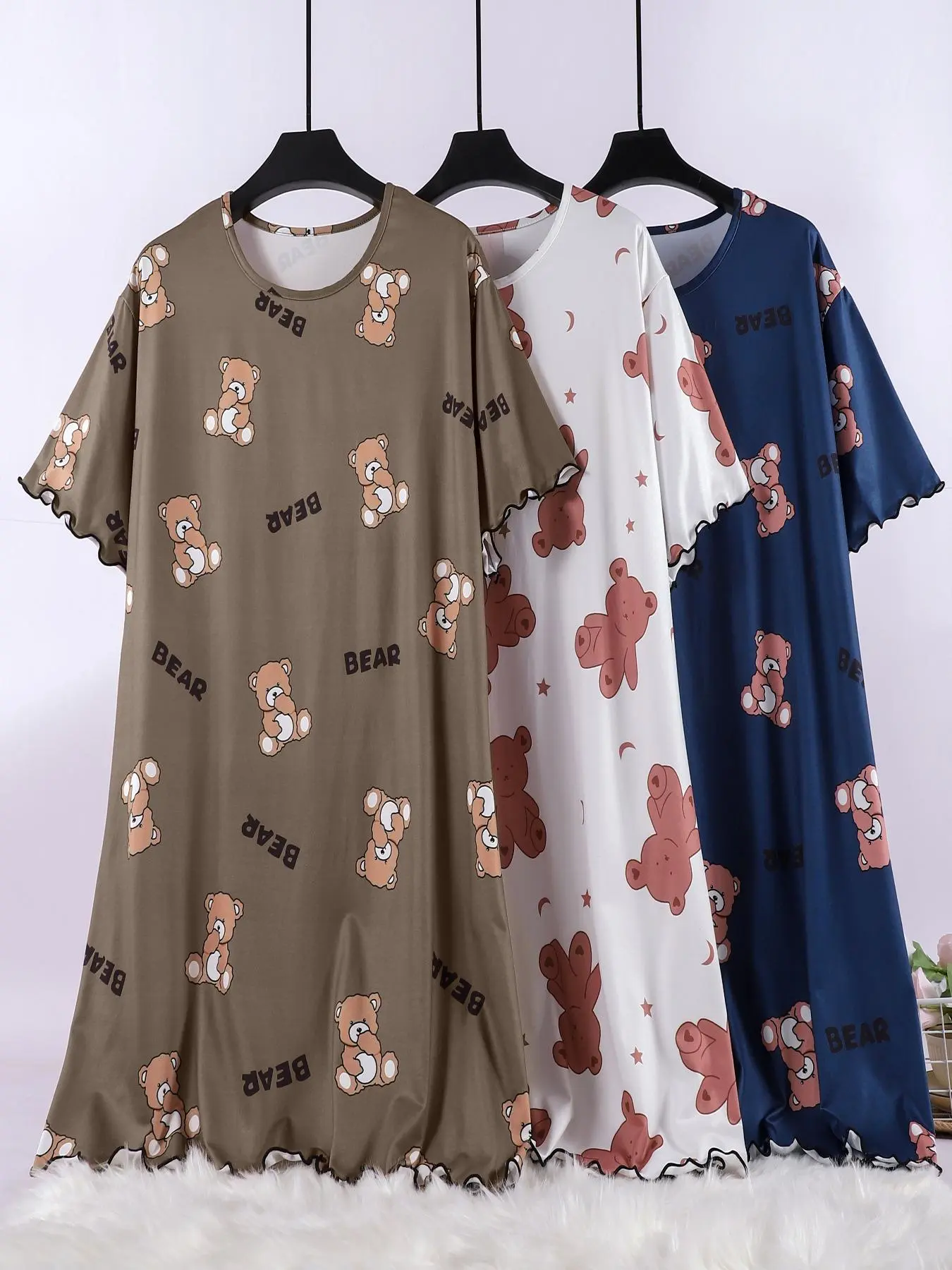 【Plus Size】Bear Print Nightdress, Casual Soft Comfortable Round Neck Short Sleeve Nightgown, Women's Sleepwear for Summer
