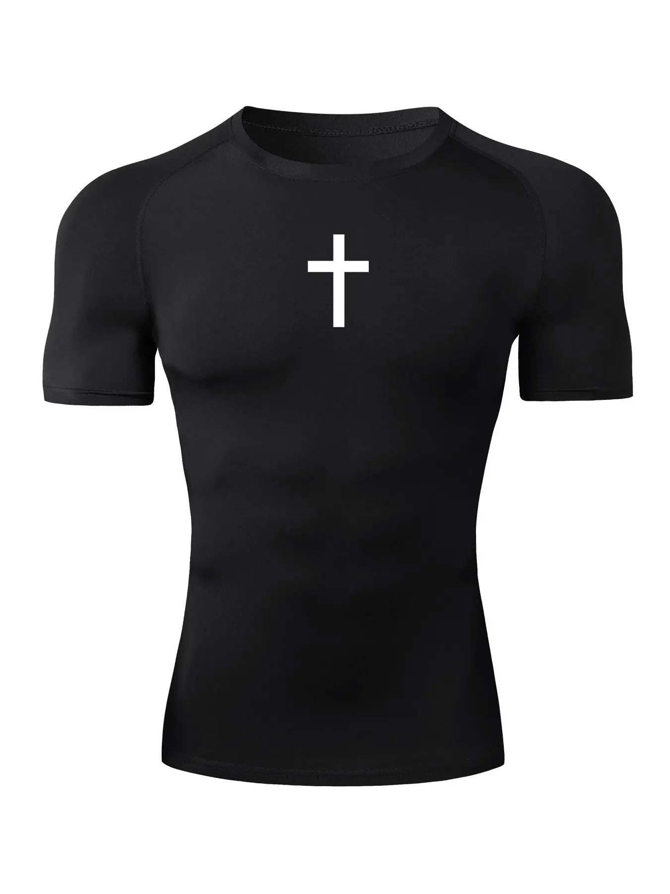 Sporty Men's Cross Print Round Neck Raglan Sleeve Sports Tee, Quick Drying Breathable Short Sleeve Crew Neck T-shirt for Gym Workout Running, Casual Sporty Summer Top for Men, Workout Tops, Activewear