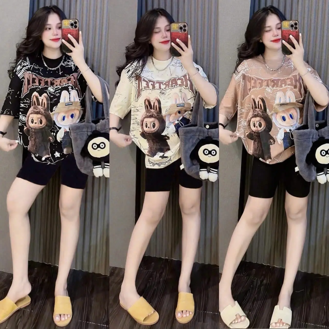 SET ĐỒ BỘ NGỐ BIGSIZE 40-90KG IN HÌNH LABUBU HEARTFE 3 MÀU (CHẤT LIỆU THUN TĂM LẠNH MỀM MỊN, CO GIÃN SIÊU TỐTTT) Nữ Nhung Women Áo Thun Voi
