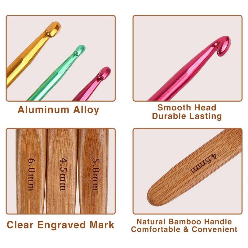 2mm-6mm Bamboo Knitting Needles Set, 9 Counts Multicolor Knitting Hooks Set with Wood Handle, DIY Crochet Hooks Needles for Yarn Handle 2