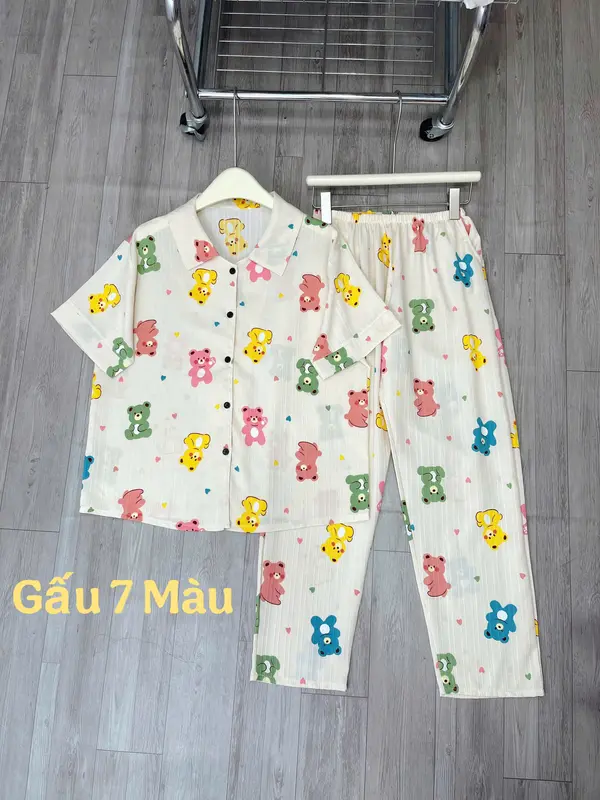 Set bộ tay ngắn quần dài in hình họa tiết dễ thương, bộ ngủ tay ngắn quần dài chất liệu xốp sọc freesize từ 40 - 65 kg cho nữ 7
