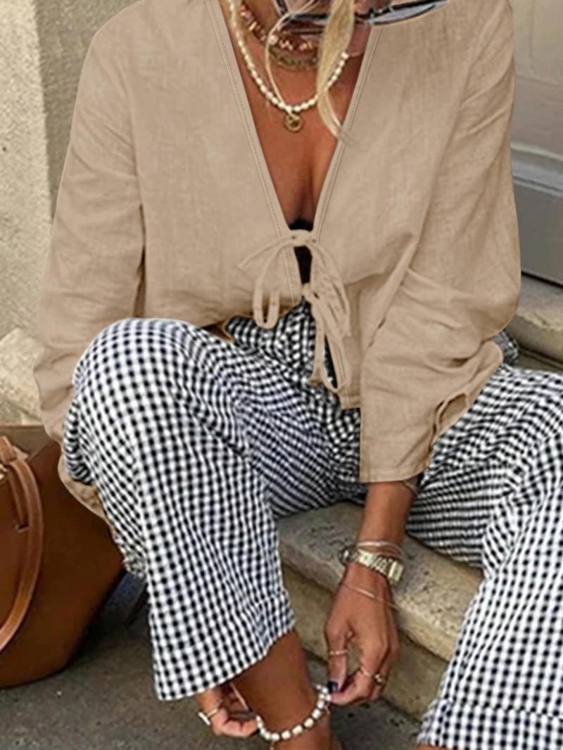 Product Introduction of Women's Plain Tie Front V Neck Blouse, Casual Long Sleeve Top for Spring & Fall, Women's Clothing for Daily Wear, Workwear, January Workwear 14