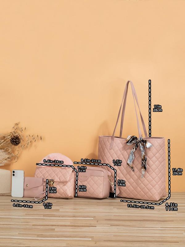 Summer 2025 Rhombus Quilted Lux Bag Set, Travel Essentials for Women,  Gifts for Girlfriend, Scarf Bow Decor Shoulder Bag & Crossbody Bag & Cute Plush Handbags & Wristlet Wallet & Crossbody Bag, Work Bag 1