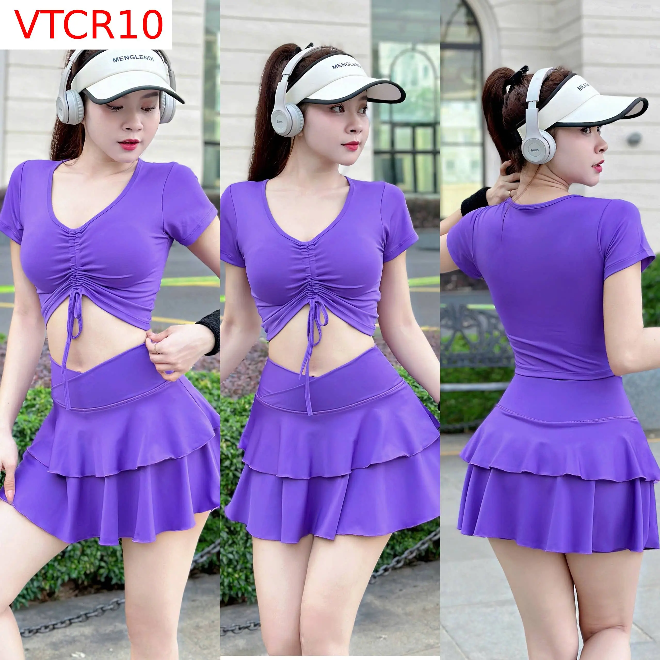 Bộ áo croptop rút dây váy  quần tầng tập Gym ,Yoga,Erobic. Sport, chât liệu dày dặn co giãn tốt.