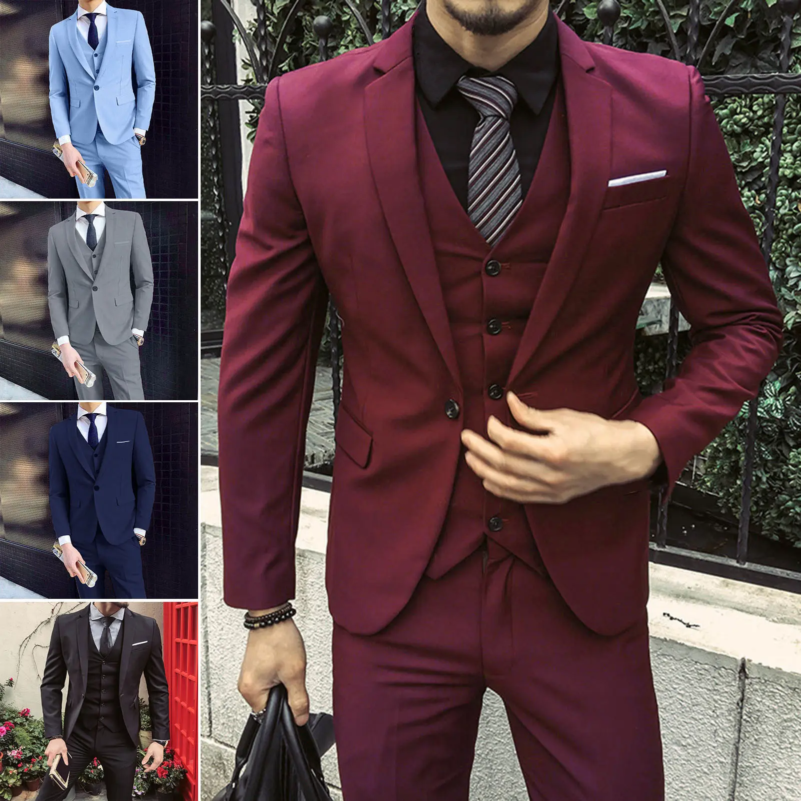 1 Set Men Vest Suit Coat Pants Formal Business Style Solid Color Slim Fit Straight Turn-down Collar Long Silky Smooth Anti-wrinkle Groom Wedding Suit
