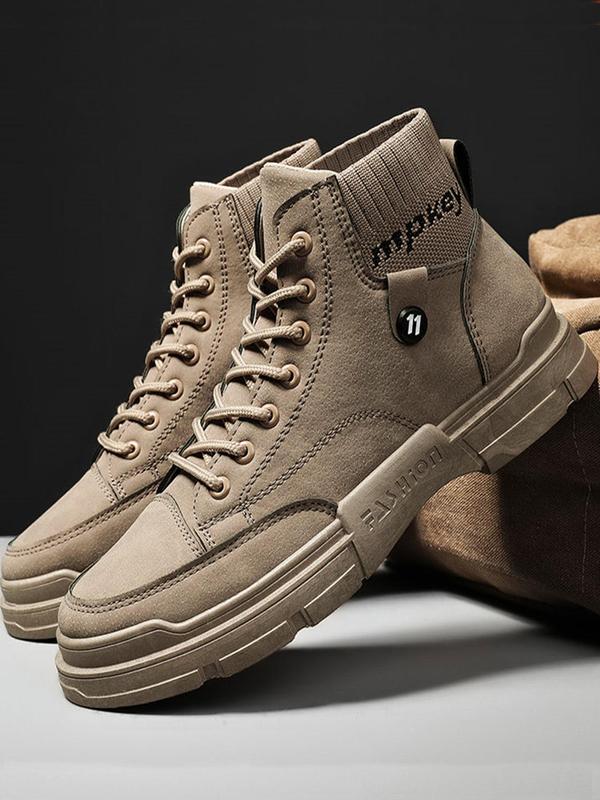 Men's Casual Solid Color Lace up Pu Leather Boots, Fashionable Casual Work Shoes for Daily Wear, Comfortable and Versatile High Top Shoes for Fall & Winter 2