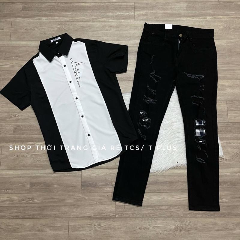 1bộ quần jeans phối áo sơ mi tn