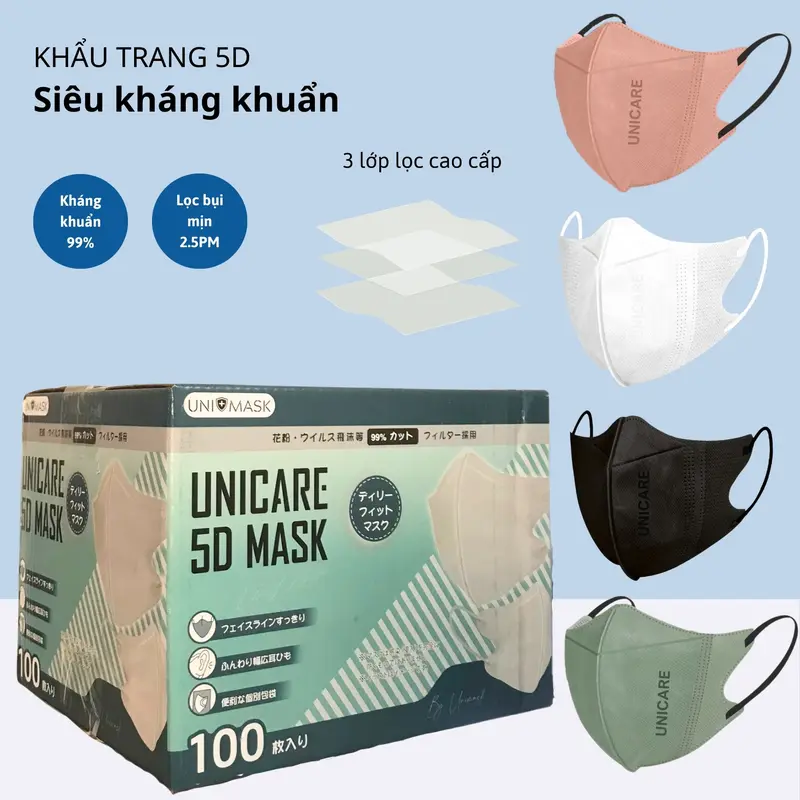 UNICARE Thùng 100 Chiếc Khẩu Trang 5D 3 Lớp Kháng Khuẩn Dành Cho Người Lớn Phụ Kiện Che Mặt Accessories Mask vn 0