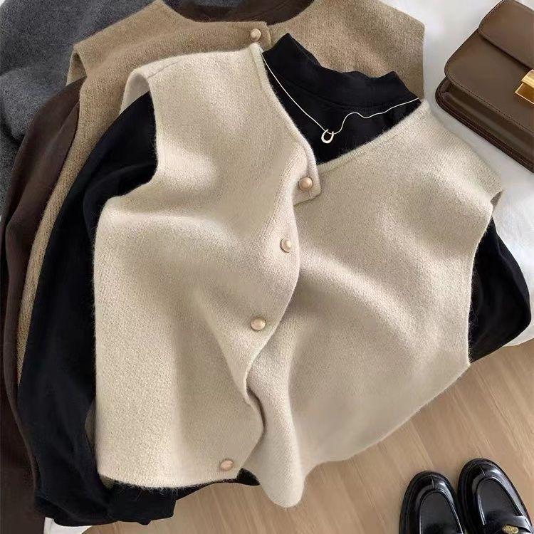 Áo Vest Dệt Kim, Phong Cách Nhẹ Nhàng, Một Hàng,, Nút Vàng, Cổ Tròn, Áo Ba Lỗ Không Tay Phong Cách Hàn Quốc, Dành Cho Nữ, Có Thể Mặc Ngoài Trời 8