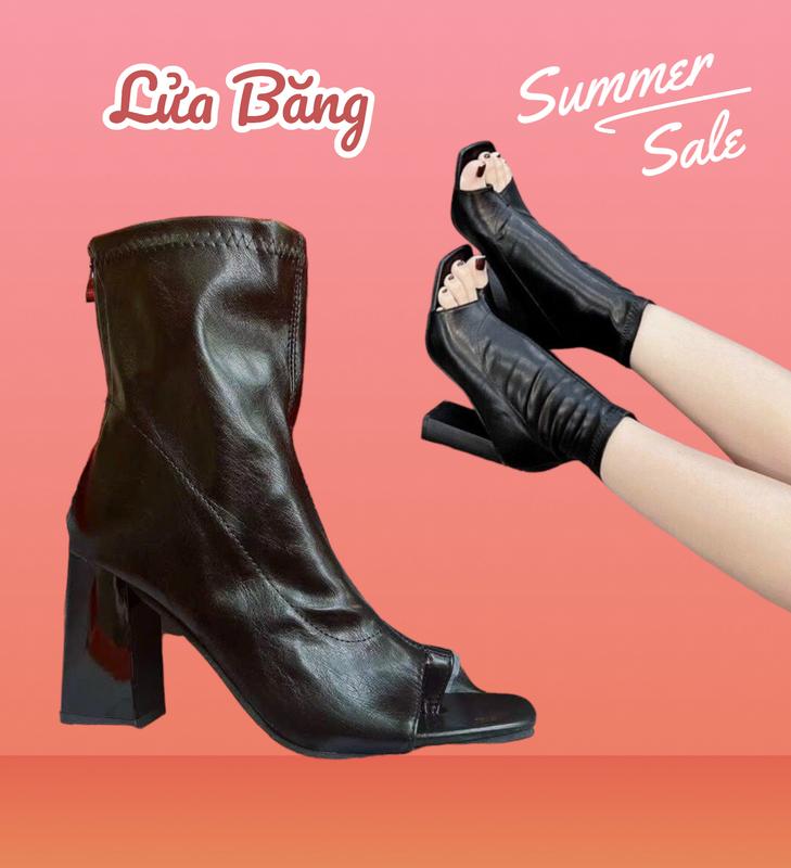 Boot nữ chất da mềm hở mũi xỏ ngón gót vuông 8 phân hở mũi 7295 GiàY Shoes Bốt