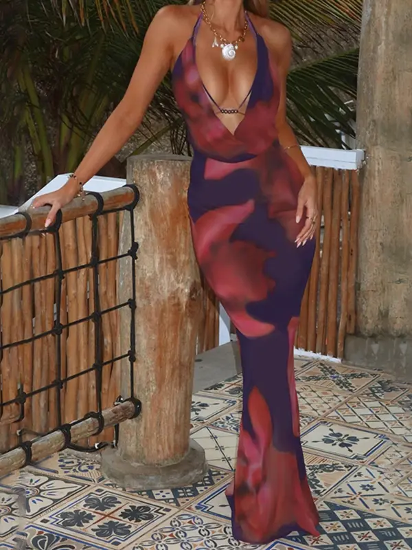 Women's All Over Print Halter Neck Dress, Fashion Casual Slim Sleeveless Dress for Beach Holiday Vacation, Ladies Summer Clothes, Womenswear, Floral Pattern Dress 1