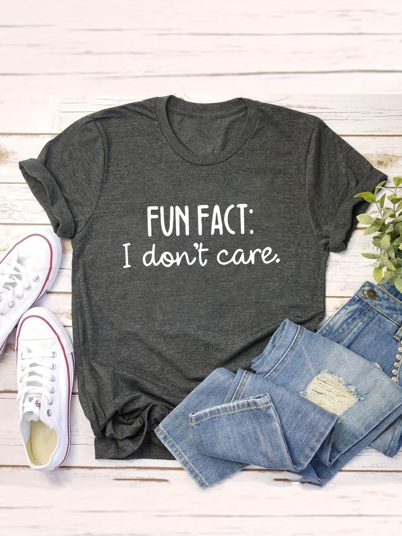 Product Introduction of Plus Size " I Don't Care " Slogan Print Round Neck Tee, Fashion Casual Crew Neck T-shirt for Daily Holiday Vacation Outdoor Wear, Women Plus Size Clothing for Summer 1