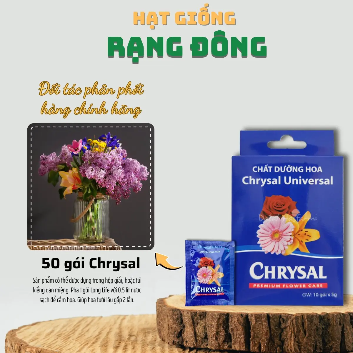 Dưỡng hoa lâu tàn Chrysal (Combo 50 gói) Chất dưỡng hoa tươi cắm bình tươi lâu hơn, nở to hơn, không gây hư nước - Hạt giống Rạng Đông