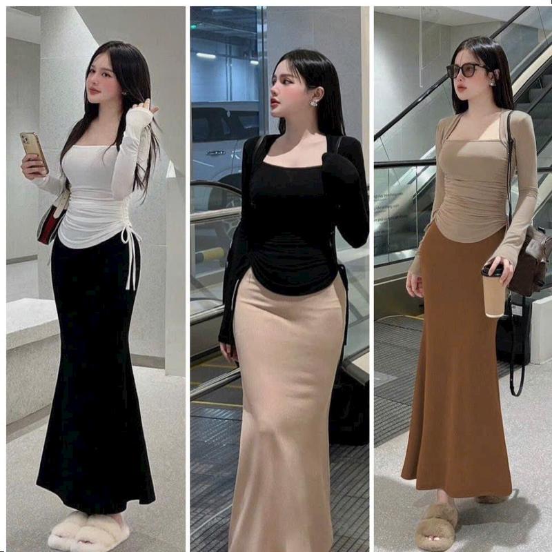 Set chân váy đuôi cá dáng dài mix áo cổ U tay dài rút hông thanh lịch Nữ Women Top