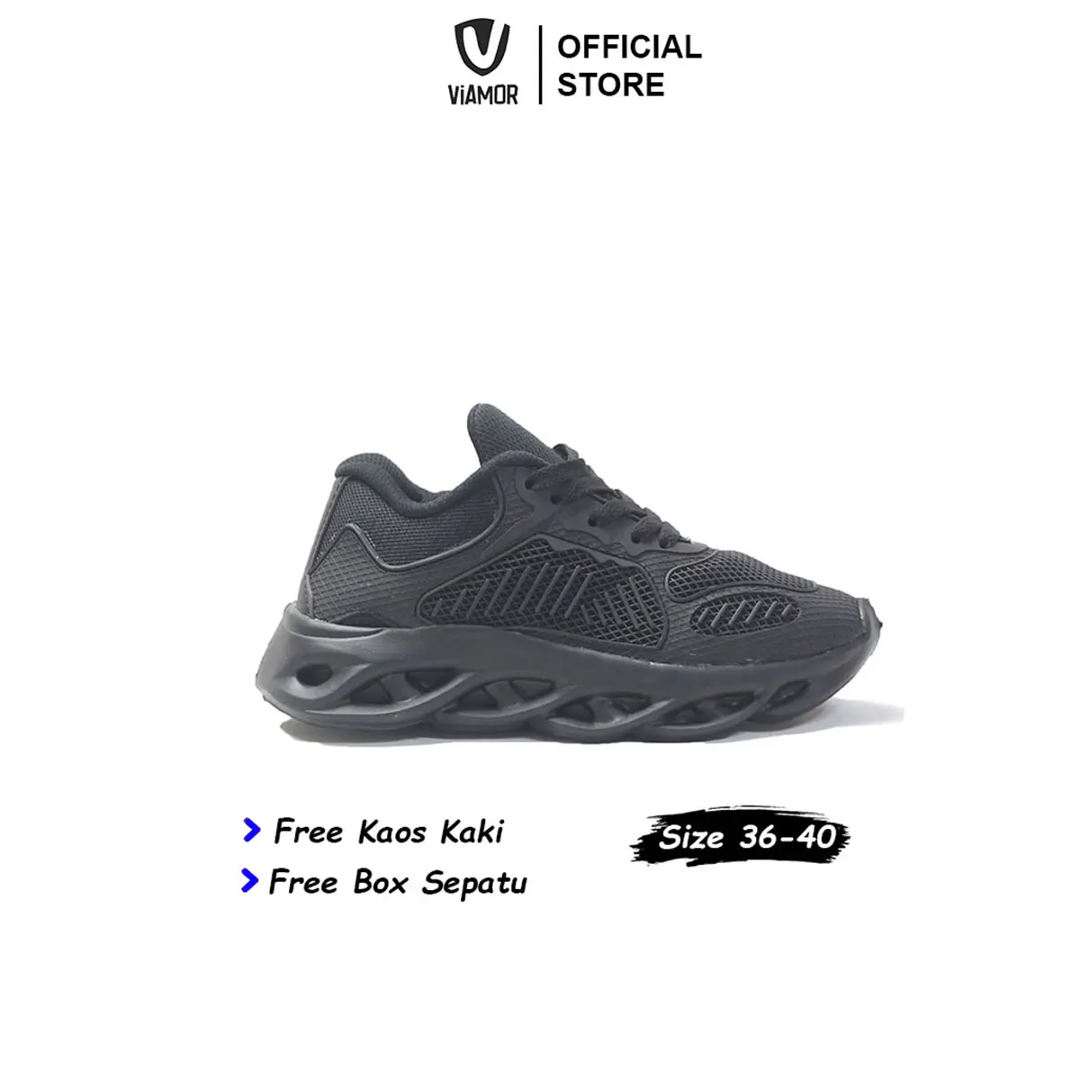Viamor Official - Sepatu Sneakers Pria Wanita Hitam Polos Sport Korea Kekinian 36-43 Casual Kerja Shoes Black Sekolah
