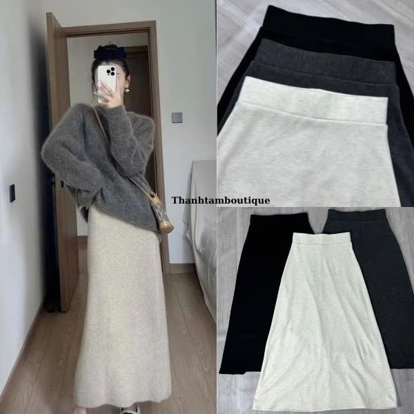 Chân váy dáng dài chữ A chất len mịn lưng chun xẻ tà sau co giãn