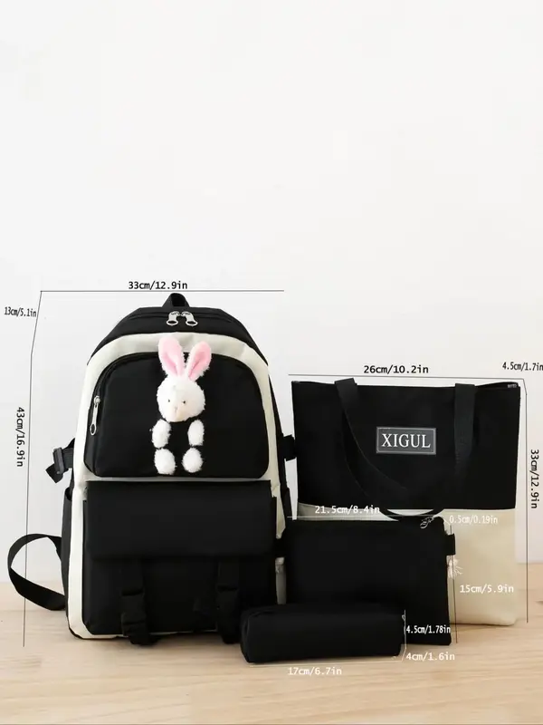 4pcs/Set Cute Rabbit Decoration Trendy Casual Backpack Handbag Clutch Set for Primary School Students Junior High School Students High School Girls 3