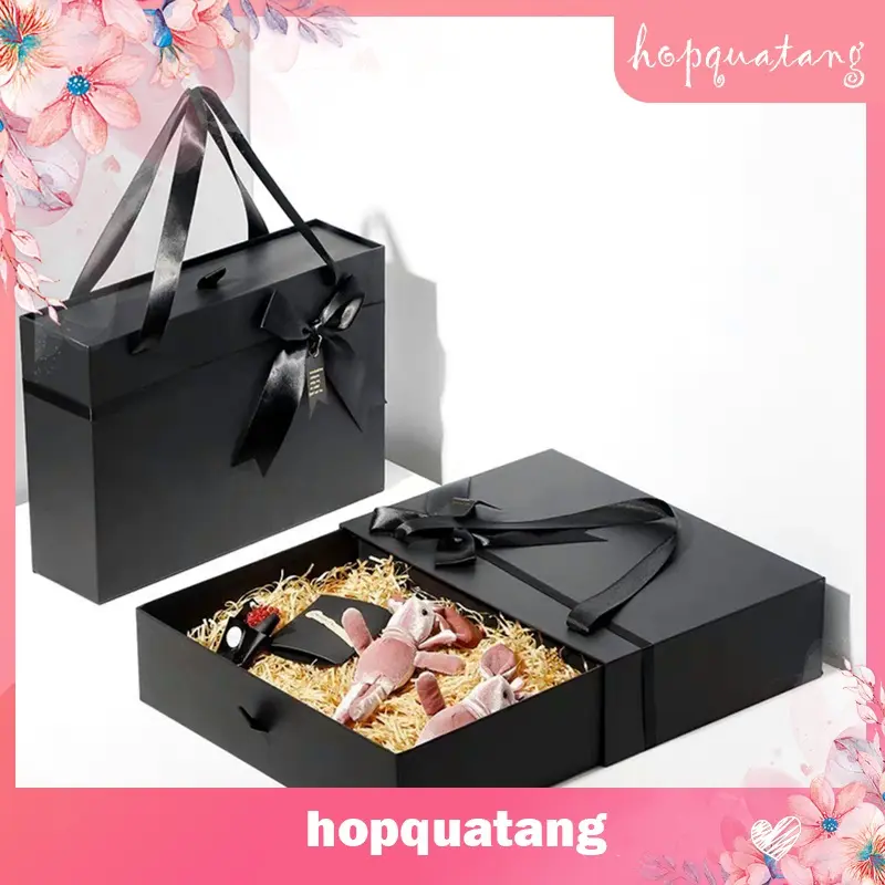 Hộp Quà Sinh Nhật Hộp Đựng Quà Tặng Màu Đen Gắn Nơ Có Quai Xách Cứng Cáp Sang Trọng 7